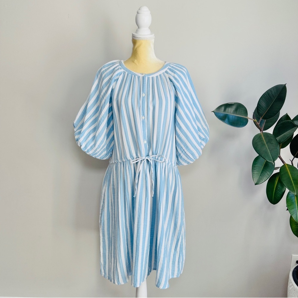Old Navy Waist-Defined Puff-Sleeve Stripe Gauze Mini Shirt Dress size LTall NWT - Picture 4 of 10